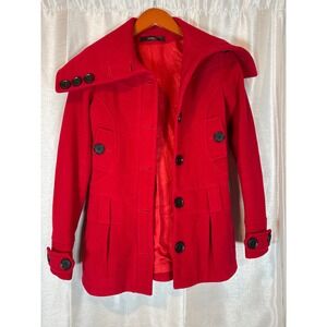 Akiabara‎ Red Wool Blend Pea Coat Jacket Button Up Elegant Winter Outerwear